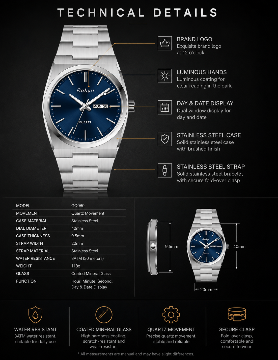 Men's Stainless Steel Quartz Business Watch – Day & Date