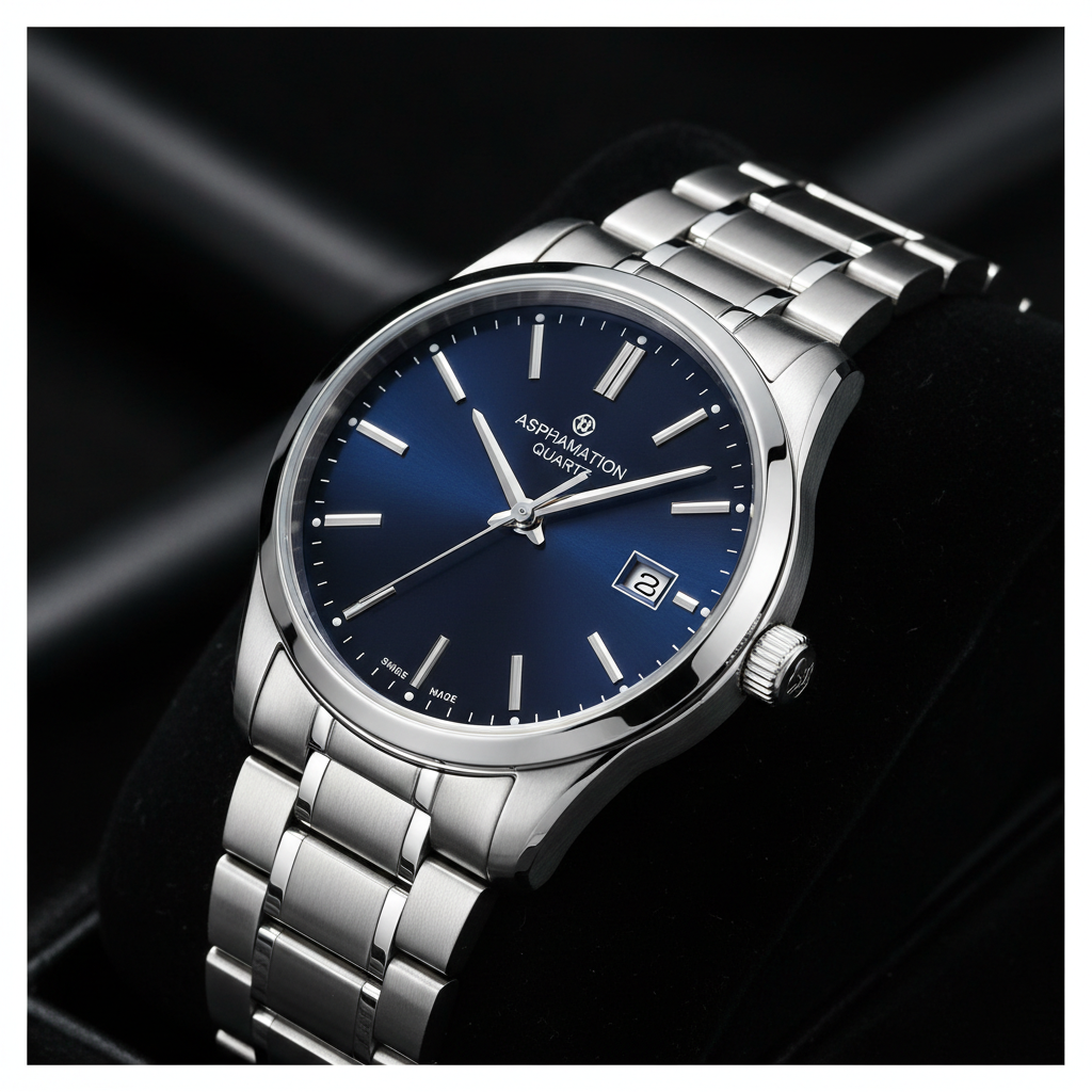 Clear silver case stainless steel quartz watch navy dial